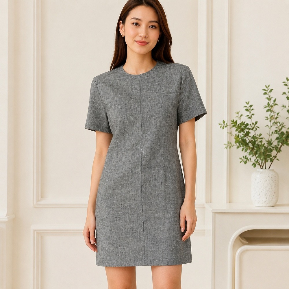 Theory Linen Shift Dress Size P Gray Short Sleeve Minimalist Office Professional